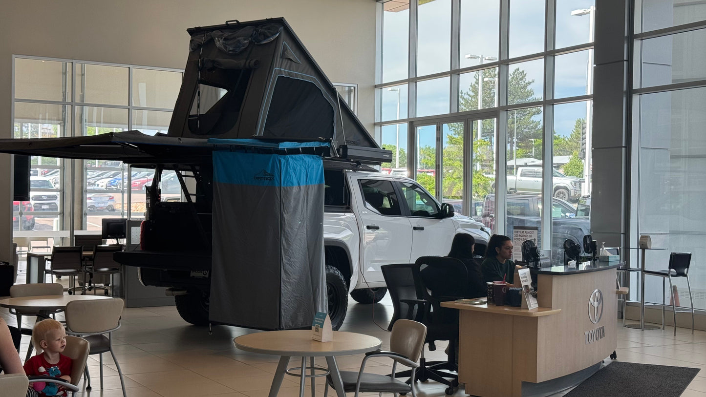 Ultimate Camp Shower Set: Hard Case Shower/Bathroom Awning + 90 Degree Swing Out